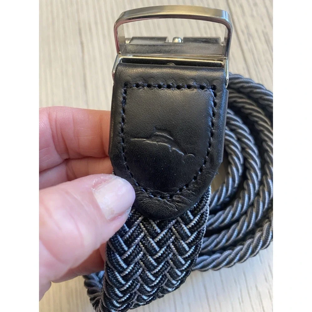 Tommy Bahama Men's  Leather Trim Woven Elastic  Belt Gray Black Size L XL